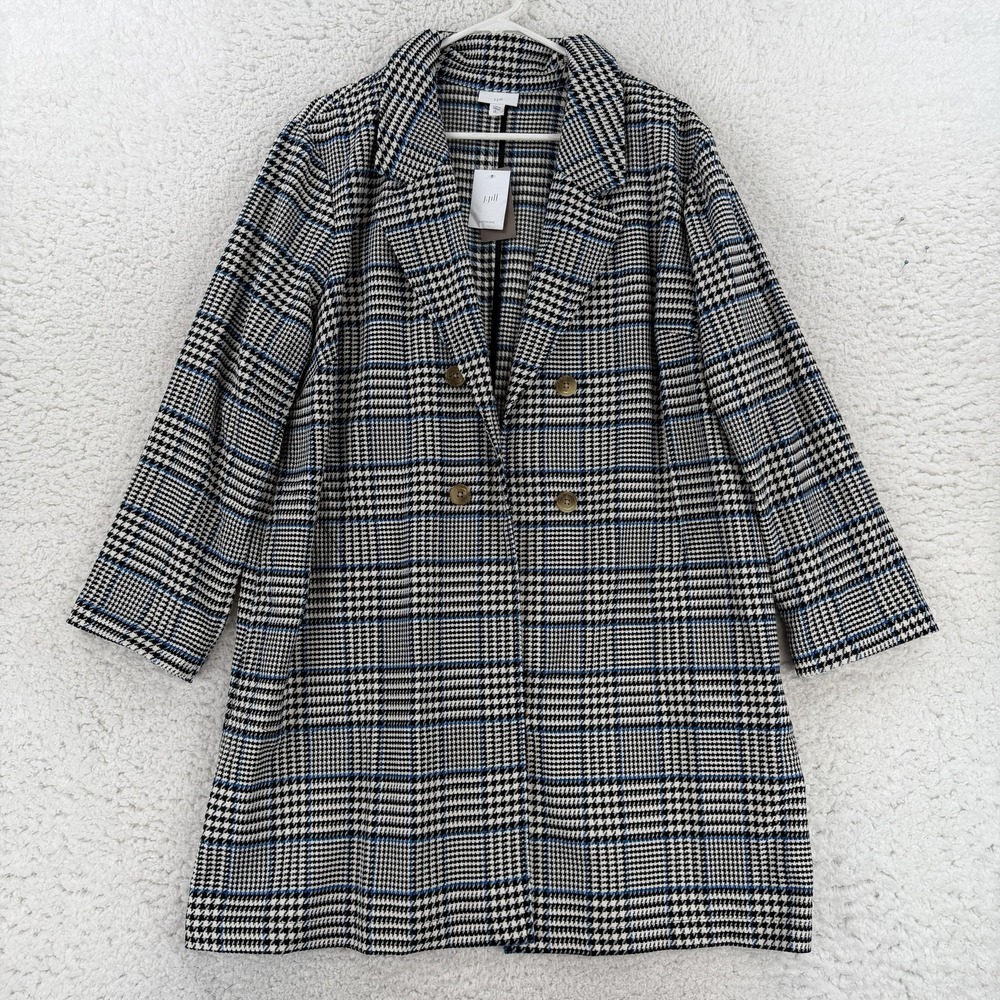 J Jill Coat Womens Petite XL Beige Plaid Tweed Pea Coat Button Front Mid Length